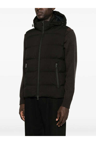 PAUL&SHARK Men's Quilted Patterned Down-Filled Hooded Zippered Black Vest