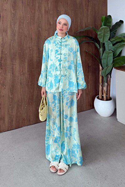 Hazamoda Sophia Satin Printed Mandarin Suit Mint