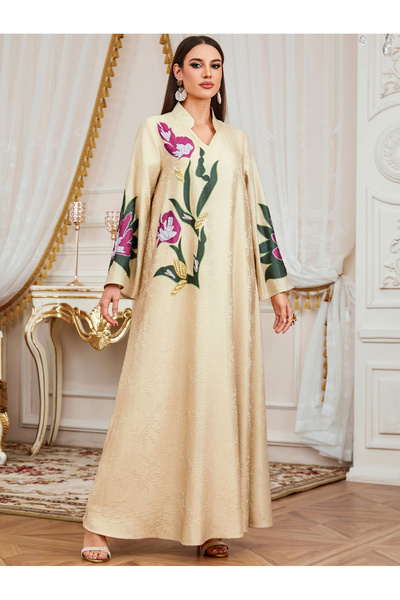 Take Two By Styli Beige Floral Print Pearls Embellished Maxi Jalabiya