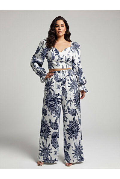 Take Two By Styli Plus Size Multi-Color Graphic Print Crop Top and Wide Leg P...