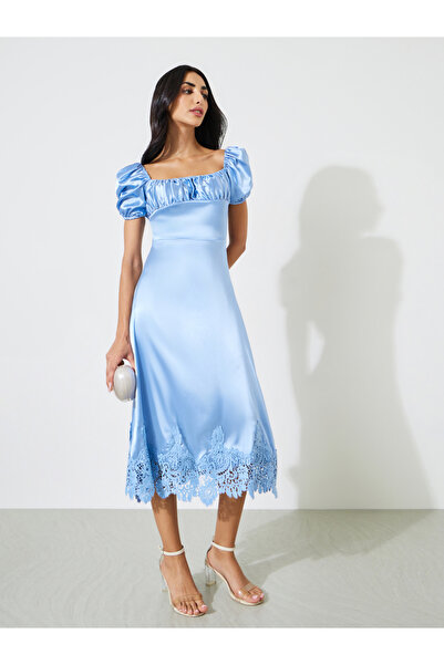 Styli Blue Solid Lace Hem Puff Sleeves Midi Dress