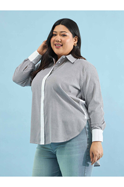 Sassafras By Styli Plus Size Striped Contrast Trims Regular Fit Shirt