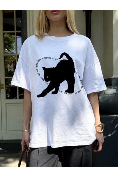 Generic Brand Black Cat Silhouette with Circular Text,short sleeve,everyday e...