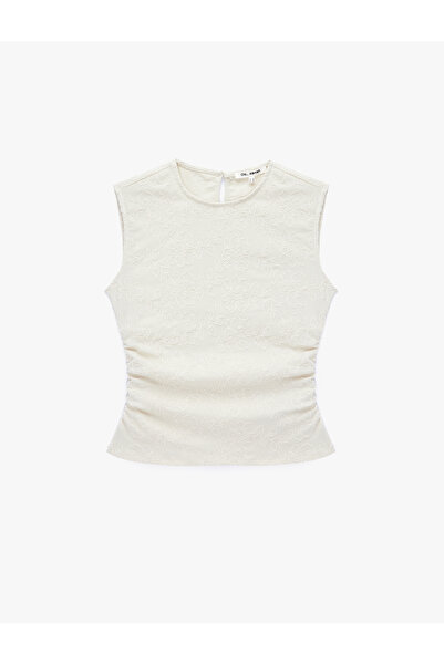 Koton Embroidered Patterned Slim Fit Sleeveless Crew Neck Buttoned Draped Blouse