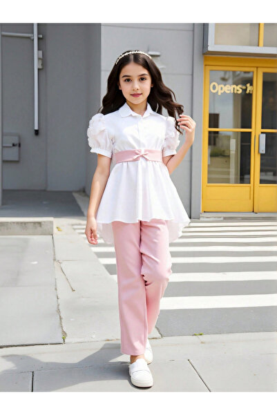 Take Two By Styli Girls Applique Puff Sleeve Shirt and Pants Set
