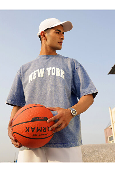 Mascln Sassafras By Styli Men Blue Overdye New York Print Oversized T-Shirt