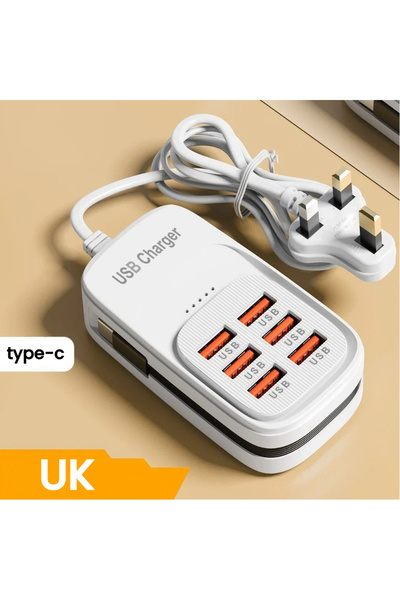 Choice1 UK-6A White 6 Ports Charger 1m USB+Type-C PD Fast Charging Phones Ada...