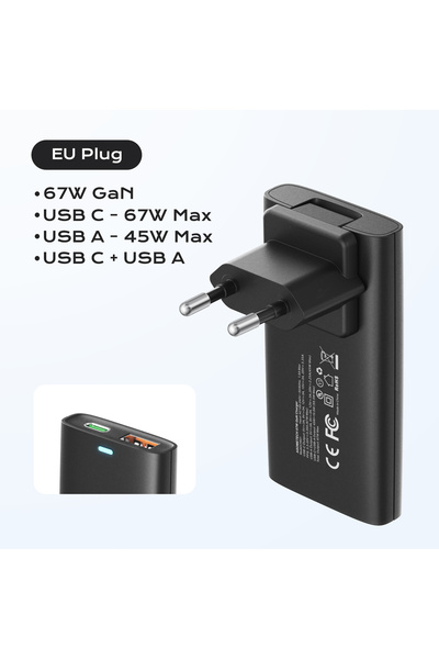 Choice8 EU Plug Black 67W GaN USB C Fast Charger Quick Charge 4.0 PD3.0 PPS P...