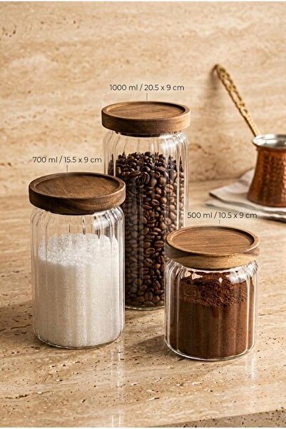 Atbyhome 3'lü Akasya Ahşap Vakum Kapaklı Çizgili Cam Kavanoz Seti 500-700-1000 ML - Oluklu Baharat Ve Kahve K