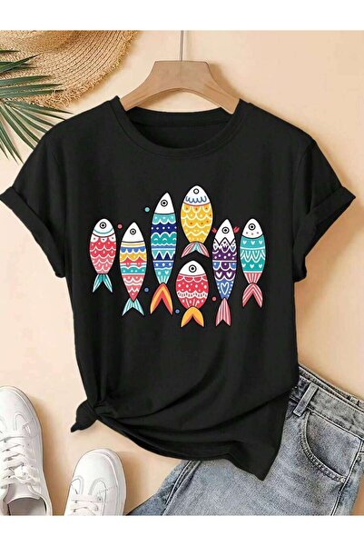 kai22 2026 Spring/Summer New Women'S Round Neck Multicolor Small Fish Print S...