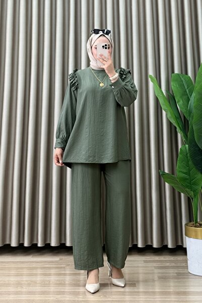 Generic Brand Ella Takim Strawberry Fabric Women's Green Shoulder Ruffle Deta...