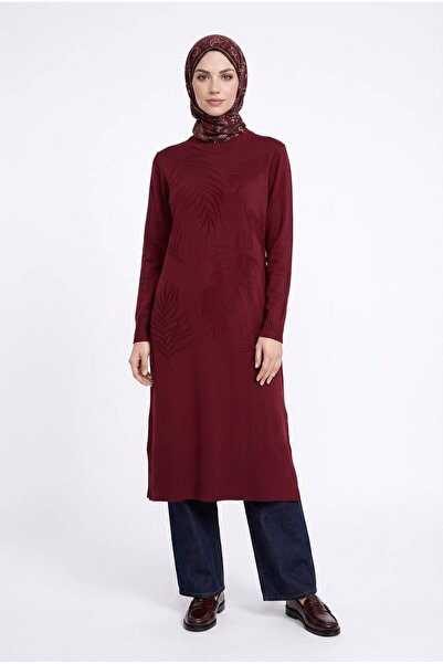 Armine Trend Soğuk İplik Yaprak Desenli Yırtmaç lı TAM KALIP Triko Tunik-112 CM