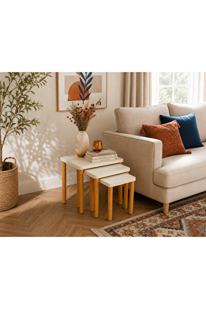 FAMİ HOME Bohem 3’lü İç İçe Krem Meşe Modern Ahşap Zigon Sehpa