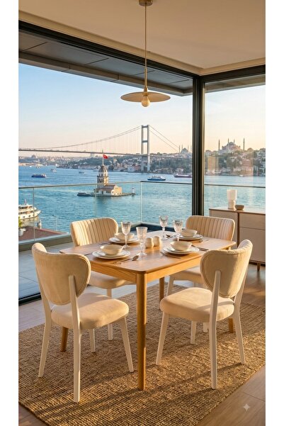 Luxury Sandalye Krem Kumaş Beyaz Ayak 4 Adet