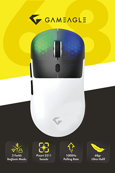 gameagle Neon X RGB Kablosuz + Bluetooth + 2.4G + Kablolu Ultra Hafif 69gr 1K Hz 12000DPI Oyuncu Mouse Beyaz