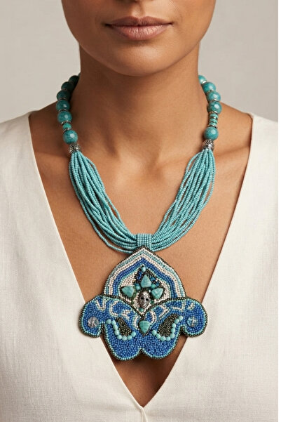 PETEK AKSESUAR Handmade Turquoise Natural Stone Design Bpncuk Embellished Nec...