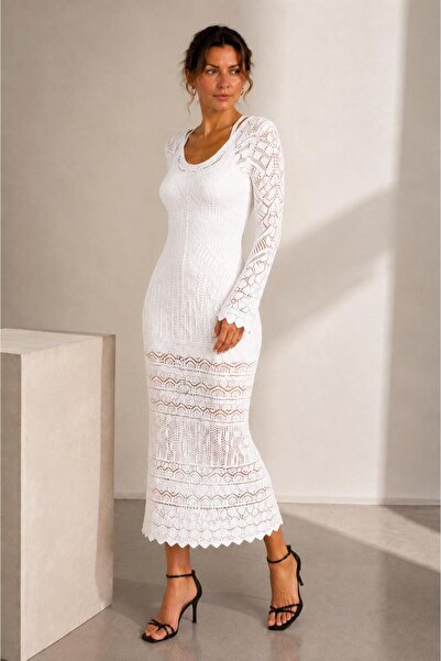 ALEXANDERGARDI V-Neck Openwork Knitwear Long Sleeve Lined Midi Dress