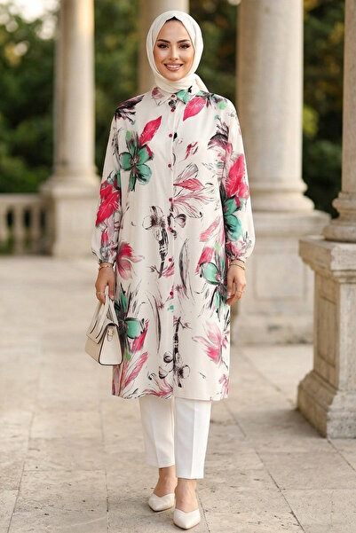 N.S NEVA STYLE Modal Patterned Red Hijab Tunic 95731K