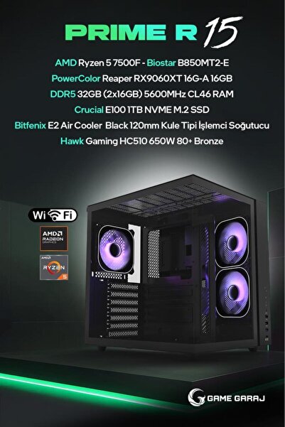 Game Garaj Prime R15 AMD R5 7500F 16GB RX9060XT 32GB RAM 1TB SSD FreeDOS Oyun...