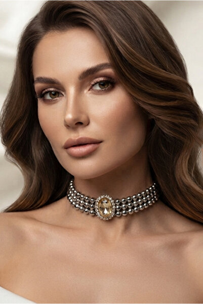 bb bridal boutique Oval Honey Stone Gray Beaded Choker Necklace, Gray Bead Ne...