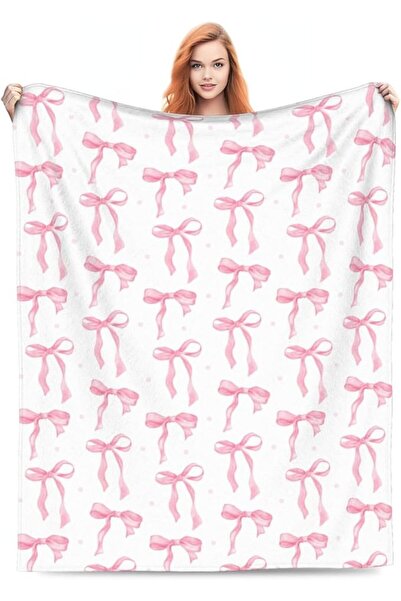 TERRIFI Pink Bow Throw Blanket, Printed Pink Ribbon Bow White Throw Blanket U...