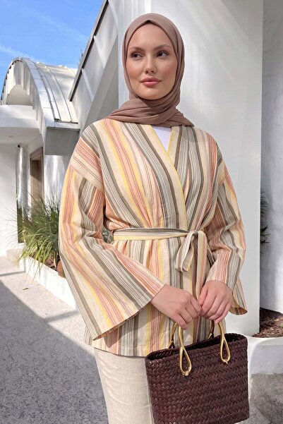 Salih Çelebi Striped Kimono Y0167 - Khaki