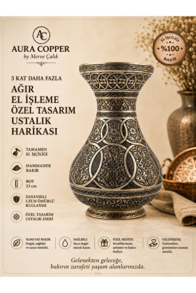 AURA COPPER Özel Gümüş Renk Ağır El İşlemeli Bakır Vazo 23 cm – Geleneksel Mo...