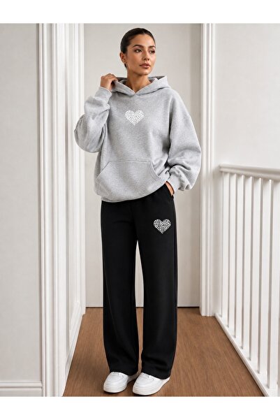 FUFLUNS Patterned Heart Printed Men's Hooded Tracksuit with Piped Trim Bottom...