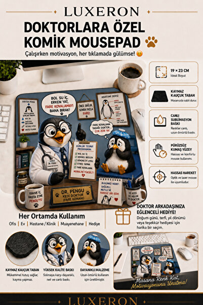 Doktorlara Özel Komik Mousepad - Penguen Doktor Tasarımlı 19x23 cm Kaymaz Kauçuk Taban