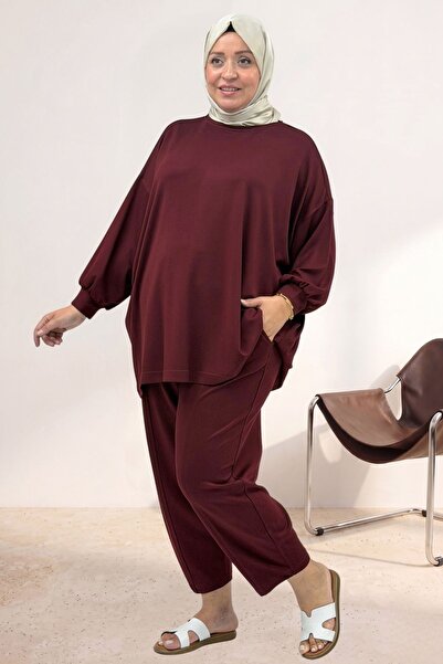Eslina 67069 Plus Size Low Sleeve Modal Pants Suit - Burgundy