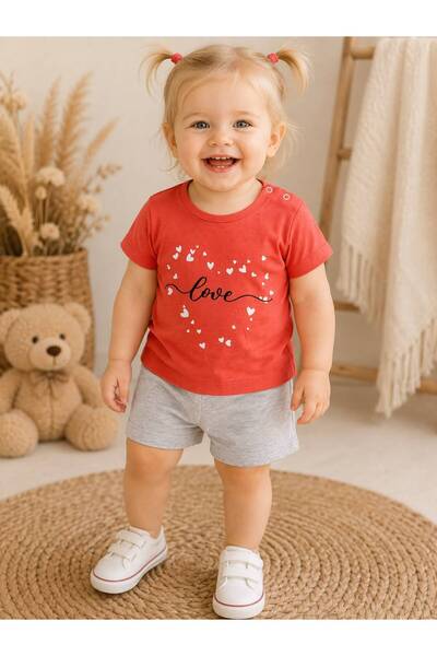 LOVE VE KALP BASKILI KIZ BEBEK 2Lİ ŞORTLU GÜNLÜK TAKIM