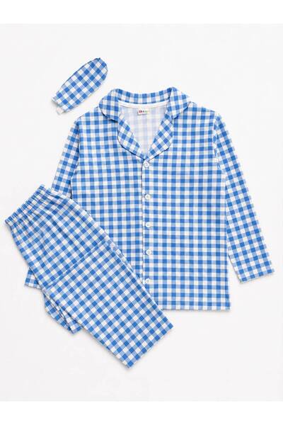 Fil Kids Boys' Cotton Suede Fabric Mini Checkered Blue and White Shirt Collar Buttoned Winter Pajama Set with Sleep Band