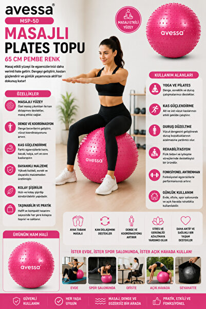 AVESSA MSP Serisi Masajlı Pilates Topu 65 CM - Masaj Etkili Özel Yüzey - Pila...