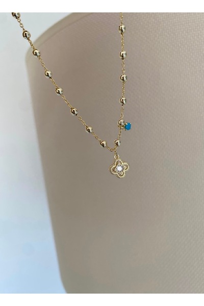 Bade Jewelry Fd Vip Gold Stone Clover Detailed Anti-Tarnish Steel Stylish Anklet