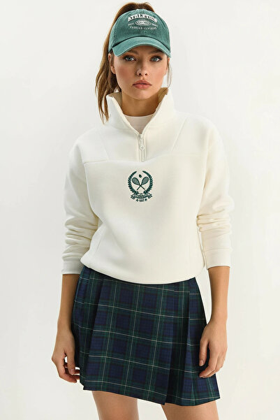 Şeker Portakalım Women's Stand Collar Half Zipper Fleece Lined Crop White Swe...
