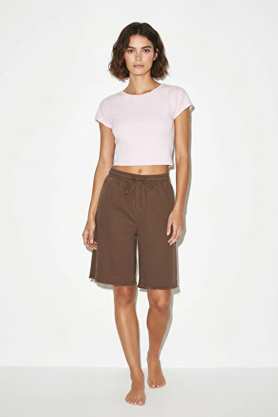 Efnaz style Women's Cotton Linen Brown Shorts with Elastic Waist and Tie Pock...