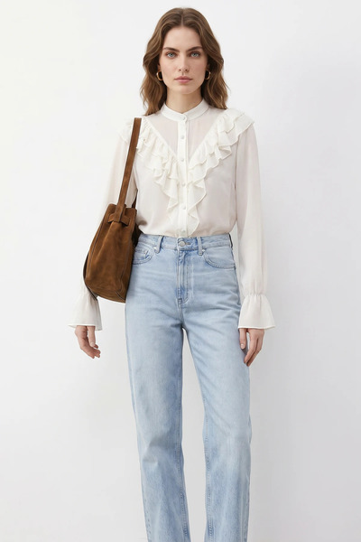 Efnaz style Women's Sheer Chiffon Cream Shirt with Volan Detail