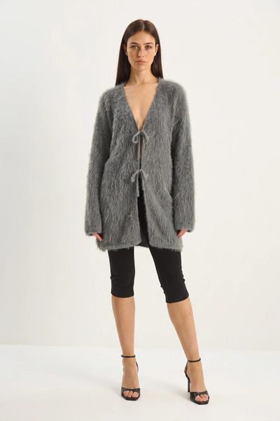 Efnaz style Women's Bearded Soft Textured Knitwear Gray Cardigan with Tie Detail