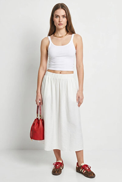 Efnaz style Women's Draped Maxi White Skirt with Elastic Waist and Pocket Detail