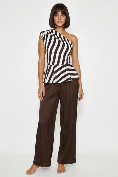 Generic Brand Women's Striped Volan Detailed One-Shoulder Lined Satin Ecru Br...