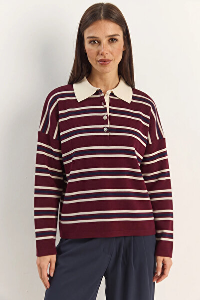 Efnaz style Women's Polo Collar Striped Knitwear Burgundy Sweater