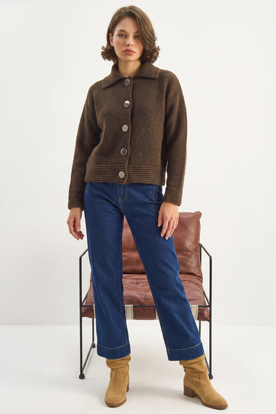 Generic Brand Women's Polo Collar Soft Textured Buttoned Knitwear Bitter Brow...