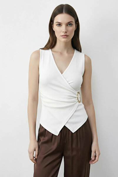 Şeker Portakalım Women's Double-Breasted Collar Ecru Blouse with Gold Buckle ...