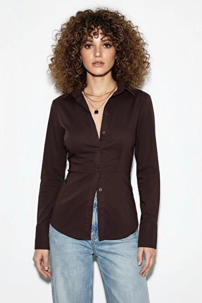Efnaz style Women's Tie-Dye Detailed Waist-Fitted Cotton Shirt Dg Bitter Brown