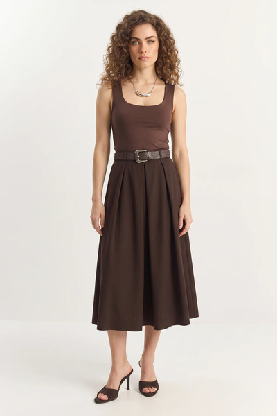 Generic Brand Women's Pleated Detailed Midi Length Belted Brown Skirt