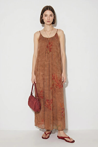 Generic Brand Women's Adjustable Strap Lined Patterned Cinnamon Dress