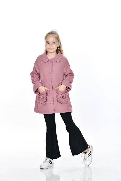 markam pink Kaşe Astarlı Düğmeli Fırfır Detay Cepli Kız Çocuk Kaban