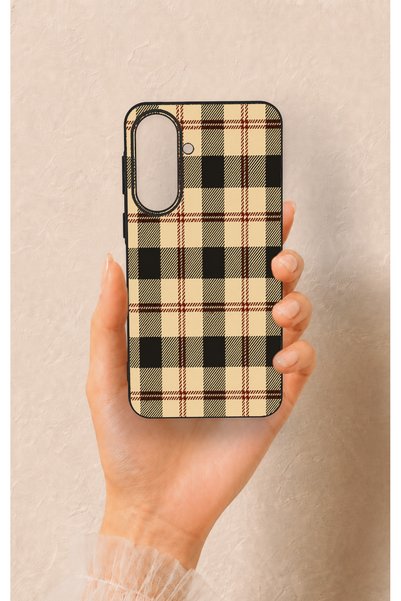 Vip Case Samsung A37 Compatible Cream Plaid Patterned Silicone Case