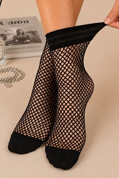 NEEWSTORE Black Glittery Striped Mesh Socks