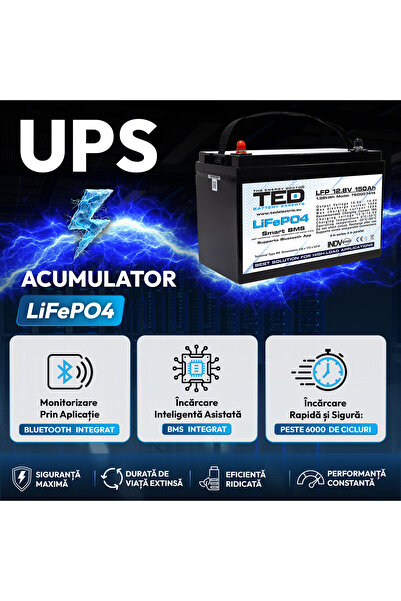 TED Electric Pachet UPS 1500VA/1050W Runtime Extins cu Acumulator Extern LiFePO4 12V 150Ah, până la 6.000 de Cicluri, BMS Inteligent, Monitorizare Bluetooth, Undă Sinusoidală Pură și 2 Prize Schuko –